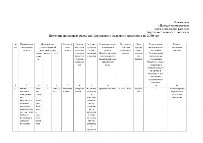 Перечень налоговых расходов Борковского сельского поселения на 2020 год